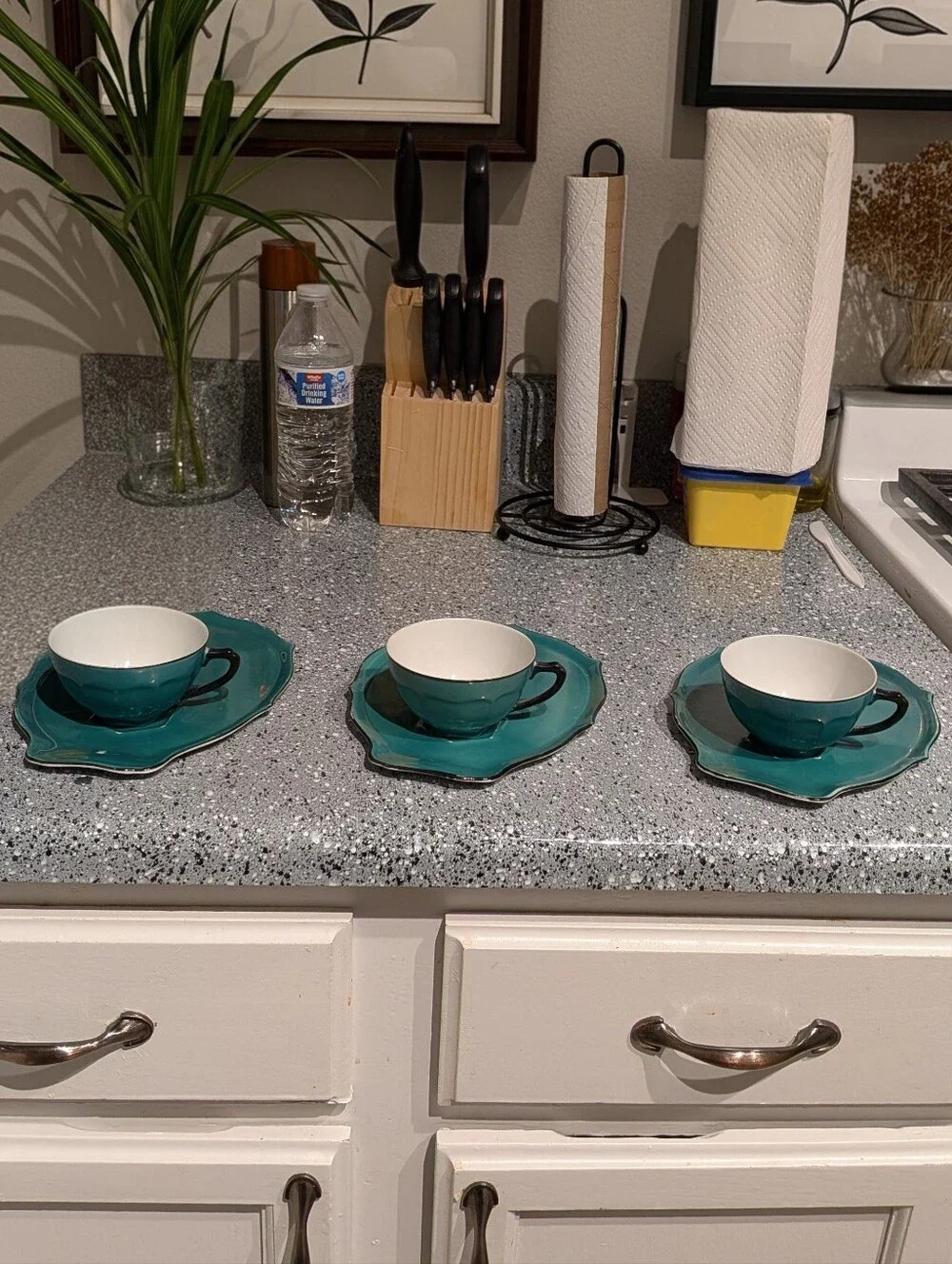 Vintage Czechoslovakia Teal Porcelain Snack Set - 3 Cups & Plates